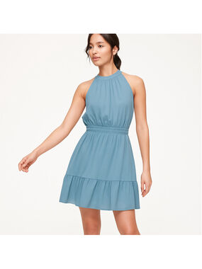 Aritzia Wilfred Effet Mini Dress Slate Blue Halter Ruffle Tiered Keyhole Back, S